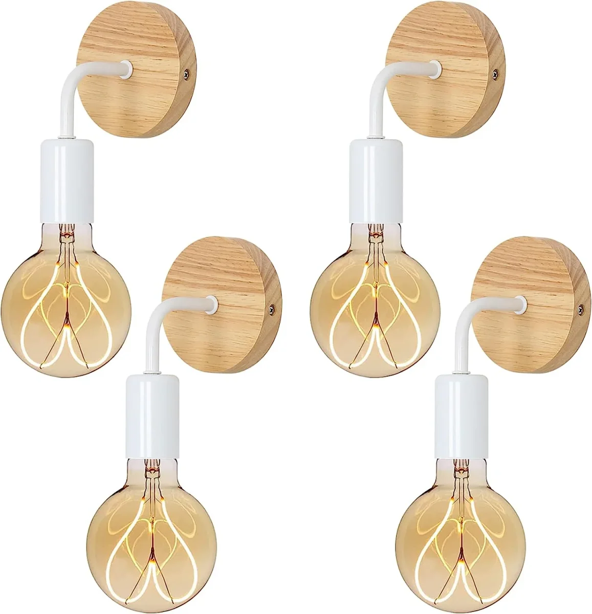 Lámpara de pared interior de 4 piezas Lámpara de pared de madera vintage Base E27 para dormitorio, sala de estar, pasillo, entrada blanca - Imagen 2